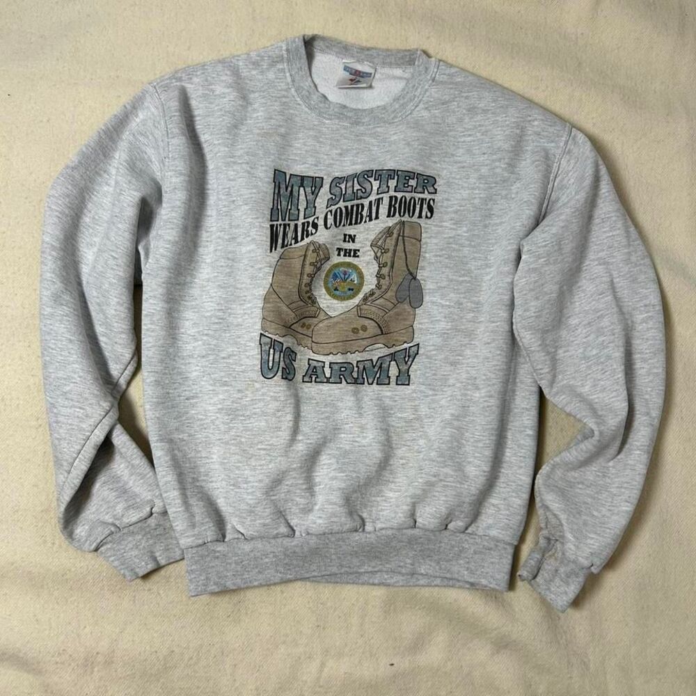 Grey‎ crewneck sweatshirt with "My Sister Wears Combat Boots" design medium